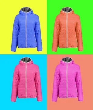 Warm jackets on a colored background. Four types. Stock Photos