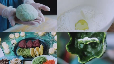 Warm kitchen scene: displaying herb and beet tortillas on a table Stock Footage 342173621