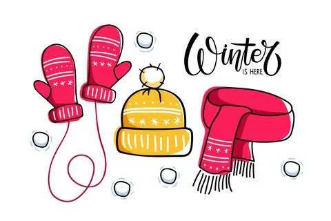 Warm knitted clothes for winter. Winter is here text and winter accessories Stock Illustration