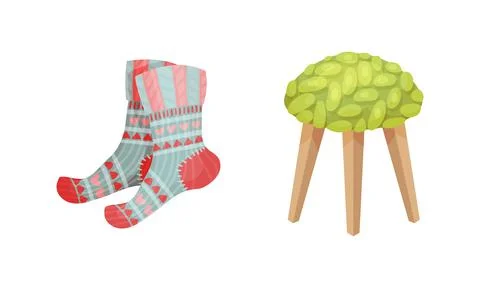 Warm Knitted Socks and Stool as Hygge and Coziness and Comfortable Symbol Vector Stock Illustration