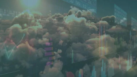 Warm light breaking mist initiating bar charts rising graph sliding over clouds Video stock 310864346