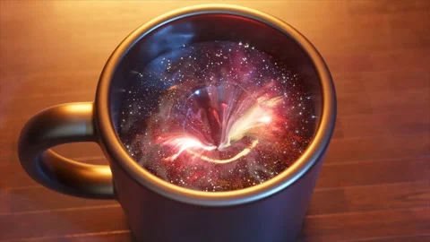 Warm light casting soft glow on black coffee mug, revealing swirling universe Video stock 309200969