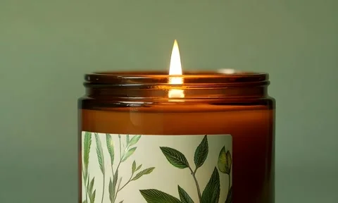 Warm light from a scented candle illuminates a serene space in a cozy home .. Stock Footage 295884336