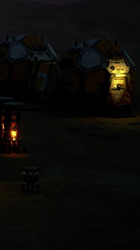 Warm lights glow in a quiet extraterrestrial settlement at night Stock Footage 341402872