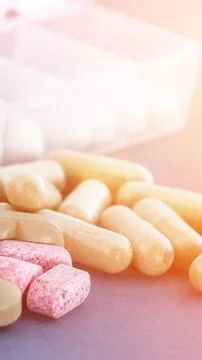 Warm lit composition of scattered pink tablets and oval brown herbal caplets  Stock Photos
