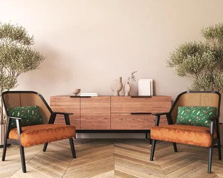 Warm neutral interior wall mockup in soft minimal living room with bright orange Illustrazione stock