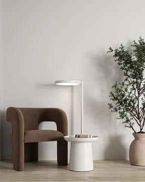 Warm neutral interior wall mockup in soft minimalist living room with rounded Illustrazione stock