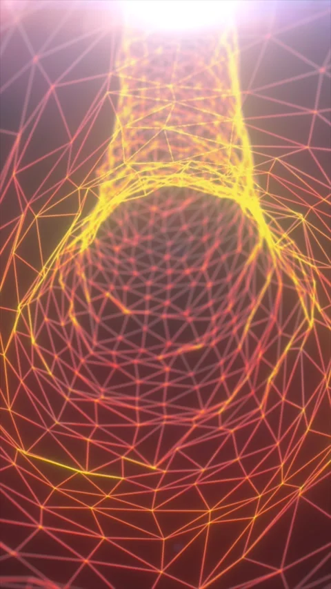 Warm orange and yellow wireframe tunnel with polygonal network lines, glowi.. Stock Footage 339173801