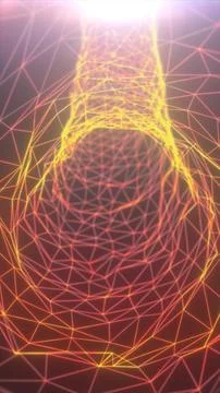 Warm orange and yellow wireframe tunnel with polygonal network lines, glowi.. Illustrazione stock