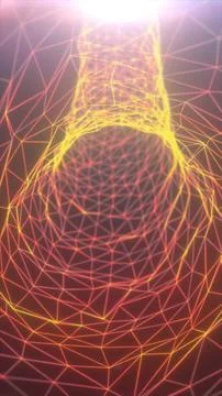 Warm orange and yellow wireframe tunnel with polygonal network lines, glowi.. Stock Illustration