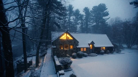 Warm orange light radiates from a New England home in the middle of a snowstorm Stock Footage 98426405