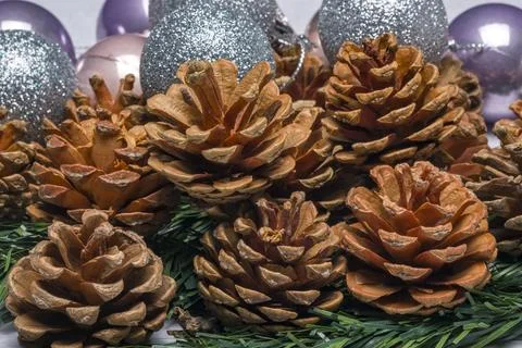 Warm pinecones cluster on greenery, festive and natural Foto stock