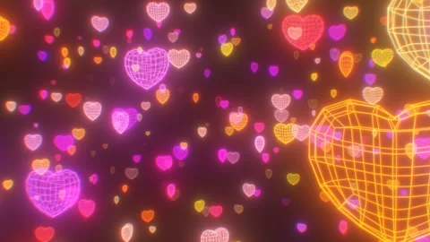 Warm Pink And Orange Neon Glow 3D Wireframe Hearts Moving Forward Stock Footage 242517499