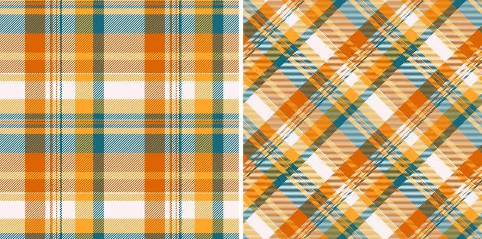Warm plaid pattern set.  Features orange, blue, and white. Cozy, rustic aesth Stock Illustration