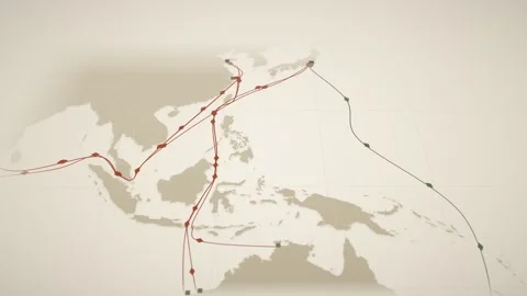 Warm Press Perspective Map With Drawn Lanes Tracing The Lng Route From Darwin Stock Footage 343730484