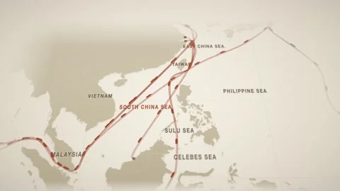 Warm Press Perspective Map With Twin Lanes Tracing The Lng Route From Bintulu 스톡 동영상 344098588