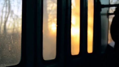 Warm rays of sunset in the window of bus Video stock 80367701