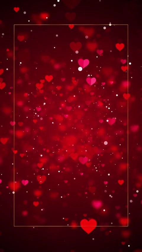 Warm red romantic background filled drifting hearts, soft sparkle, golden border Stock Footage 340401513