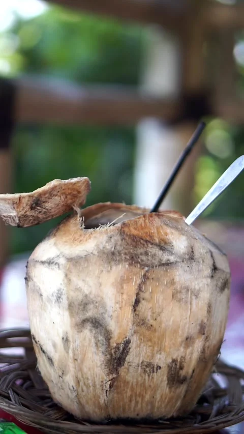 Warm roasted young coconut herbal drink serving typical of the tropics Stock Footage 345375794