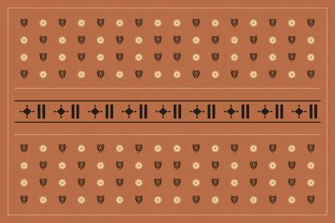 A warm rust background showcases rows of black and cream folk symbols, flor.. Stock Illustration