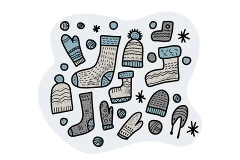Warm socks, beanies set. Vector composition with warm knitted clothes. Stock Illustration