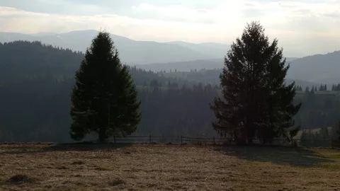 Warm spring day in the mountains. Two trees in the foreground. Stock Footage 75750935