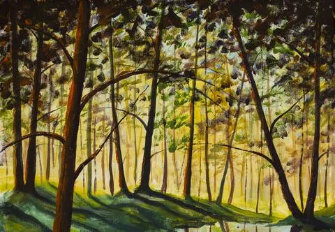 Warm spring forest summer landscape sunny painting by artist Illustrazione stock