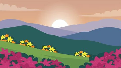 Warm Spring Sunset Above Blooming Hills 스톡 일러스트