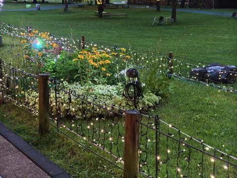 Warm string lights glow softly over green grass Foto stock