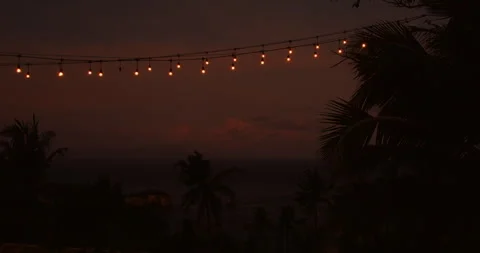 Warm string lights hanging over silhouette palm trees at dusk in Nusa Penida 動画素材 337615146