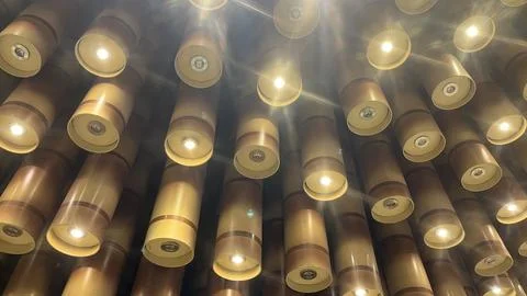 Warm String Lights Illumination Inside Hanging Bamboo Ceiling Stock Photos