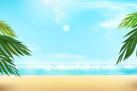Warm summer beach with palm tree branches, blue sky and feather clouds. Backg Stock Illustration