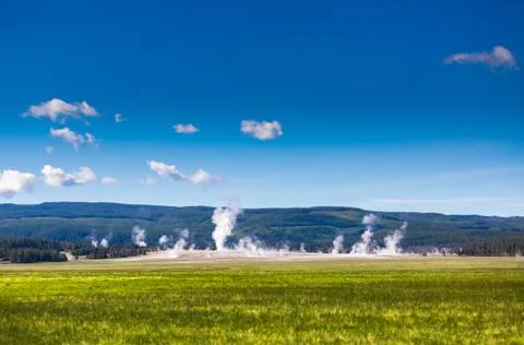 A warm summer day. Green fields and geyser in background. Summer landscape. Y Foto stock