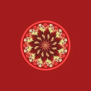 Warm summer glow geometric tile mandala in vivid red, salmon pink, golden sand, Stock Illustration