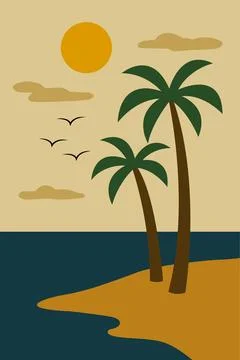 Warm sun hangs high over calm ocean 库存插图