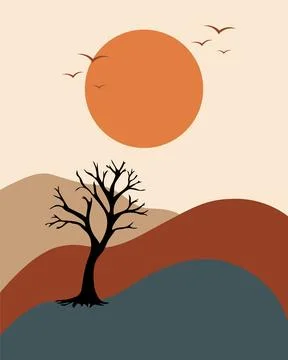 Warm sun sets over layered hills 库存插图