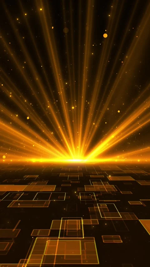Warm sunburst rays expand over an abstract digital landscape with floating parti Stock Footage 341065738