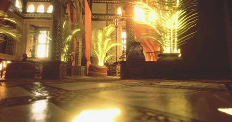 Warm sunlight bathes a Moroccan interior with lush greenery and intricate dec Stock Illustration