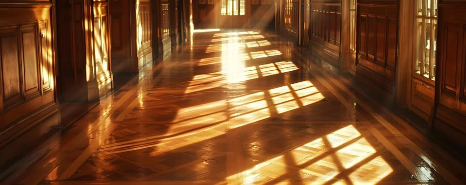 Warm sunlight casting shadows in elegant hallway Stock Photos