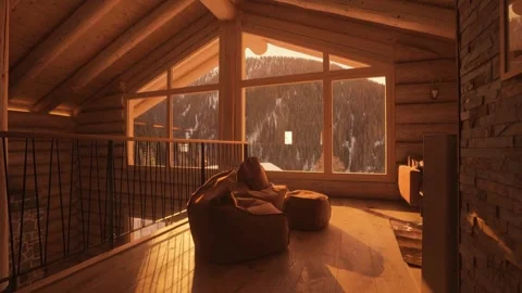 Warm sunlight filling a rustic mountain lodge living room with a view of a snowy 스톡 동영상 335786171