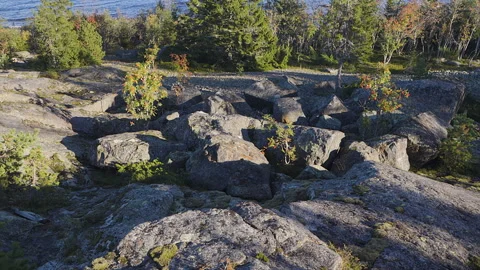Warm sunlight gradually illuminating rocky shoreline, casting shifting shad.. Stock Footage 300800393