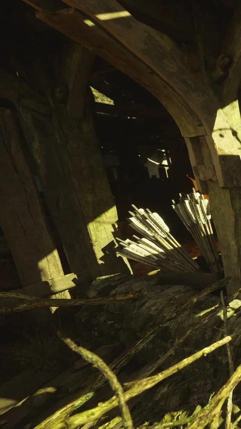 Warm sunlight spills through the weathered wooden beams of a charming barn Stock Footage 331811760