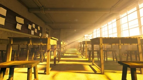 Warm sunlight streamed through the windows of the empty classroom Stock Footage 343617611