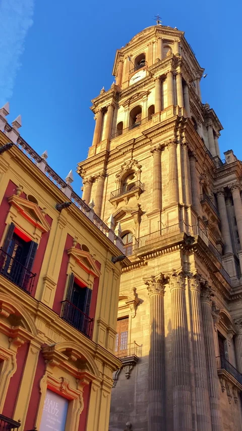 Warm sunset light illuminates Malaga Cathedral Stock Footage 340335717