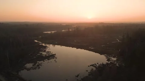 Warm sunset over calm river and forest landscape Stock Footage 293942715