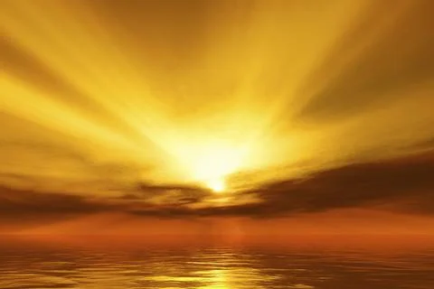 A warm sunset over the ocean with god rays. 3D illustration Stock Illustration