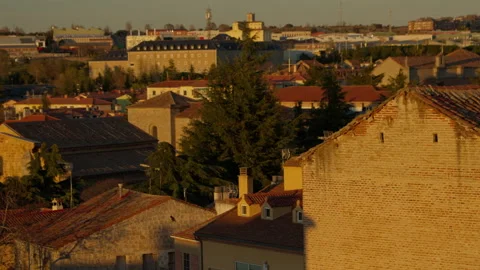 Warm sunset over town rooftops and trees Stock Footage 335639590