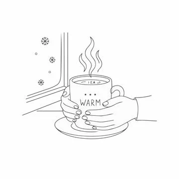 Warm tea cup in hands by snowy window, cozy winter illustration Silhouette 库存插图