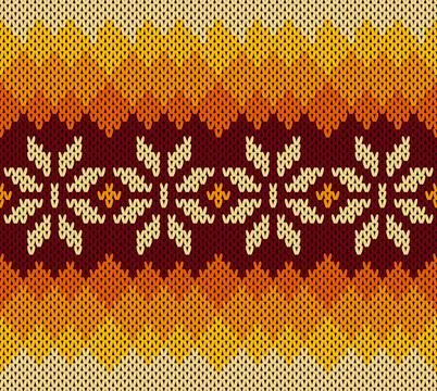 Warm-toned knitted pattern with a central maroon band featuring delicate flo Stock Illustration