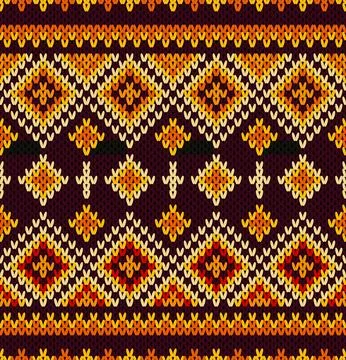 Warm-toned knitted pattern featuring intricate geometric and diamond designs Stock Illustration